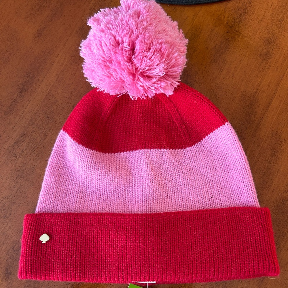 Final sale- NWT Kate Spade pom-pom winter hat pink and red O/S